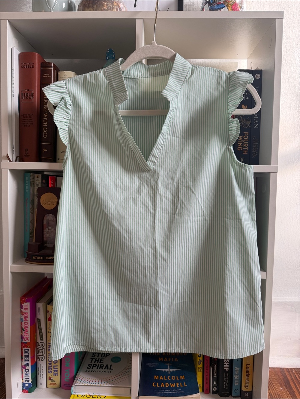 Mint Green Pinstripe Ruffle Sleeve Top